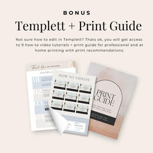 May include: The image showcases a bundle of digital resources. It includes a print guide with a peach and white cover, instructional sheets, and a page titled "How to Videos" with video tutorial thumbnails. The text reads "Templett + Print Guide."