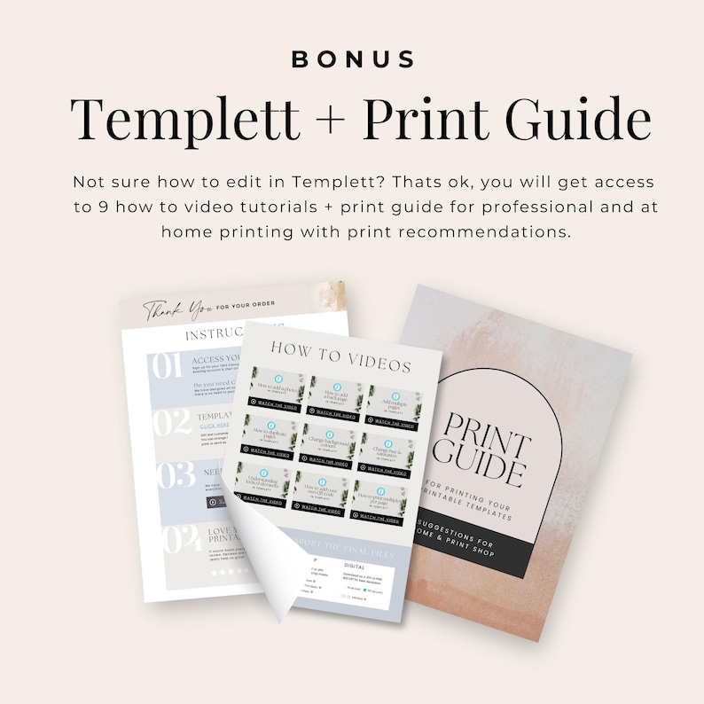 May include: The image showcases a bundle of digital resources. It includes a print guide with a peach and white cover, instructional sheets, and a page titled "How to Videos" with video tutorial thumbnails. The text reads "Templett + Print Guide."