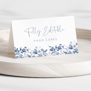 Modèle de cartes d'étiquettes de nourriture floral bleu poussiéreux, carte tente de buffet de douche nuptiale, étiquettes de nourriture imprimables, étiquette de nourriture pliée douche