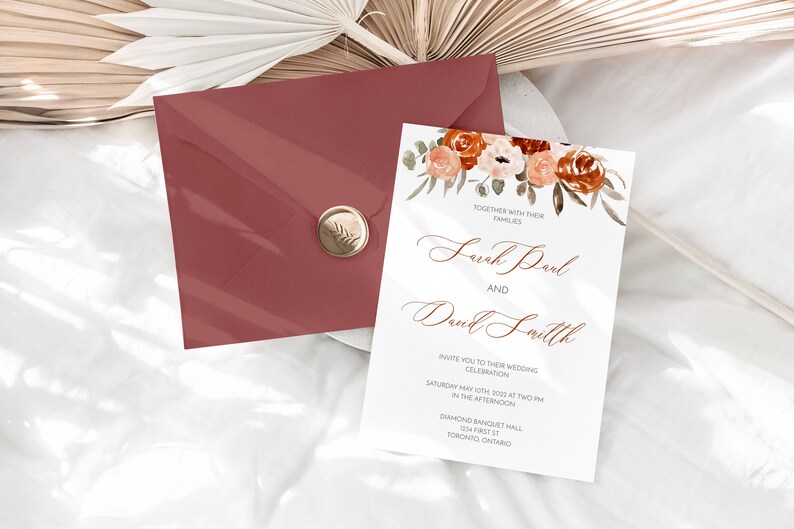 Fall Wedding Invitation Template, Terracotta Wedding Invite, Burnt Orange Invite, RSVP Card, Reception Card, Editable Template OLIVIA image 2