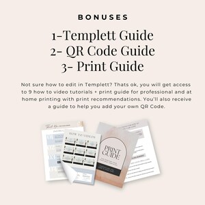 May include: Image of printed guides and tutorials. The image includes a Templett Guide, a QR Code Guide, and a Print Guide. The guides are accompanied by a set of video tutorials and print recommendations. The text on the guides is clear and easy to read.