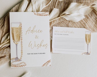 May include: Two printable cards for a bridal shower. The card on the left has a champagne flute with a pearl necklace draped over it. The text on the card reads "Advice & Wishes for the soon to be Mrs." The card on the right has a champagne flute with a pearl necklace draped over it. The text on the card reads "Advice and Well Wishes for the soon to be Mrs."