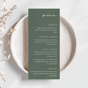 Forest Green Menu Card, Modern Minimalist Menu Card Template, Sage Printable Menu, Editable Template - SPS1