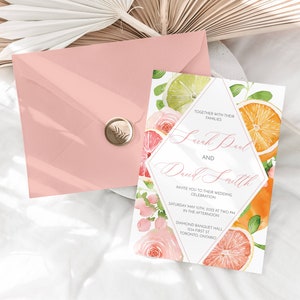 Summer Wedding Invitation Template, Citrus wedding Template, Pink Invite, Spring Wedding, Editable Wedding Invite, DIY Emily image 2