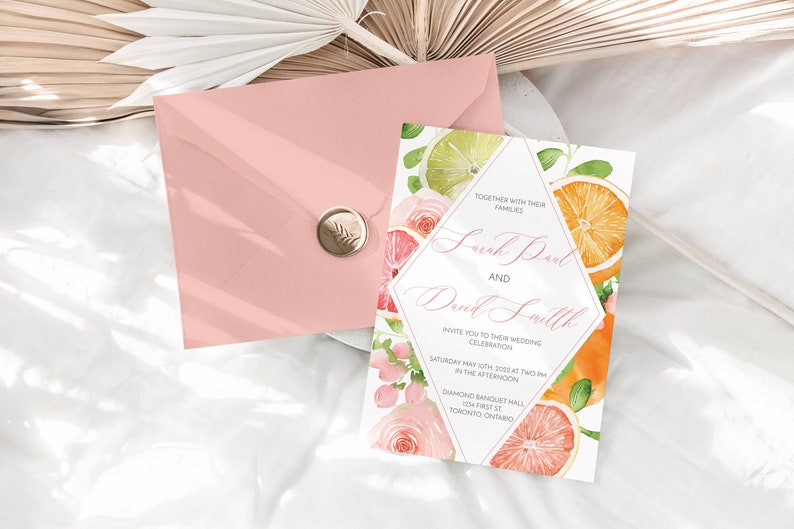 Summer Wedding Invitation Template, Citrus wedding Template, Pink Invite, Spring Wedding, Editable Wedding Invite, DIY Emily image 2