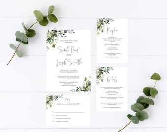 Wedding Invitation Template, Greenery Wedding Invites, Eucalyptus Invitation Template, Invitation set, RSVP Card, Reception Card - Amelia