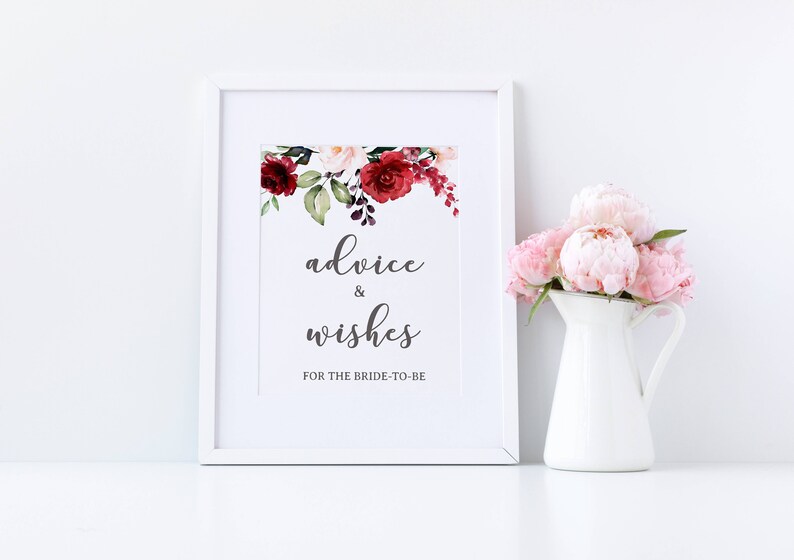 Advice and Wishes For The Bride To Be Sign, Burgundy Floral Bridal Shower Sign, wedding decorations 12G image 4