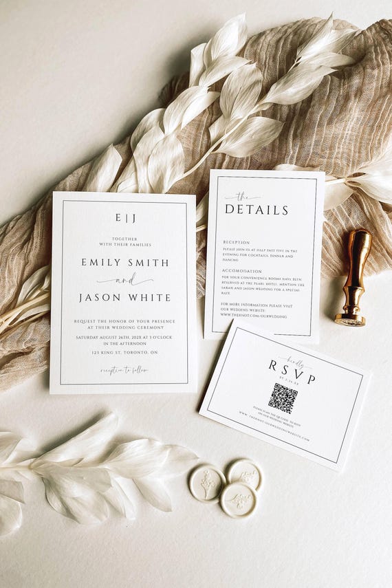 Minimalist Monogram Wedding Invitation Suite with QR Code, Black and White EWedding Set, Modern Wedding Bundle, Simple Stationary Set- SPM2