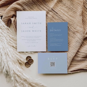 Invitación de boda azul polvoriento con código QR, set minimalista, paquete elegante para boda, papelería con fuente moderna - SPDB1