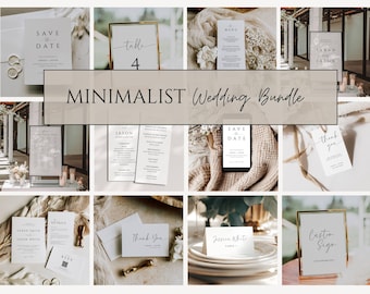 Könnte beinhalten: Ein minimalistisches Hochzeits-Stationary-Paket mit verschiedenen Karten und Schildern. Die Karten beinhalten Save-the-Date-Karten, Dankeskarten, Detailkarten und Tischkarten. Die Schilder beinhalten ein Willkommens-Schild, ein Tischnummernschild und ein individuelles Schild. Die Karten und Schilder sind alle weiß mit schwarzem Text und werden auf verschiedenen Oberflächen wie Holz, Stoff und Metall präsentiert.