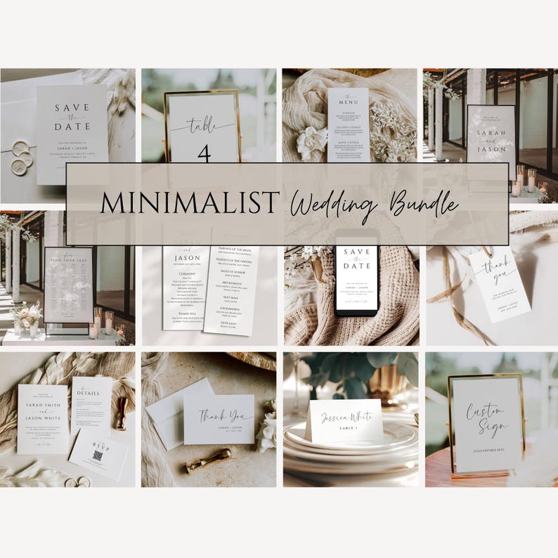 May include: A minimalist wedding stationery bundle with various cards and signs. The cards include save the date, thank you, details, and table cards. The signs include a welcome sign, a table number sign, and a custom sign. The cards and signs are all white with black text and are displayed on a variety of surfaces, including wood, fabric, and metal.