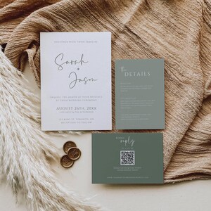 Salbeigrüne Hochzeitseinladung mit QR-Code, Waldgrüne Hochzeitseinladungs-Set-Vorlage, Antwortkarten, Antwortkarten, Details, Hochzeitspapeterie (SPS1).