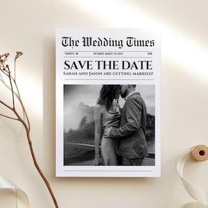 Plantilla de invitación para guardar la fecha en el periódico, tarjeta de anuncio de compromiso vintage, invitación de boda imprimible, plantilla editable de Canva