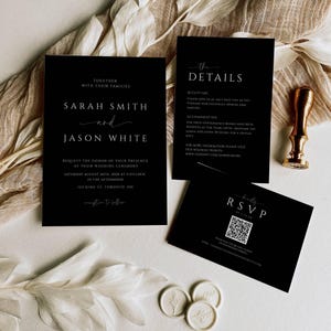 Set di inviti per matrimonio nero con codice QR, elegante set per matrimonio in bianco e nero, moderno set per matrimonio, semplice set di cancelleria - SPM7