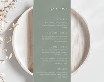 Cartão de menu verde sálvia, modelo de cartão de menu minimalista moderno, menu de jantar de recepção de casamento, modelo editável e imprimível - SPS1