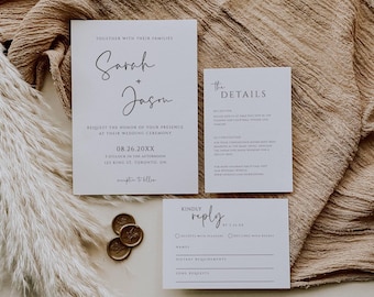 Modèle de suite de faire-part de mariage minimaliste, faire-part de mariage moderne avec code QR, ensemble de papeterie de mariage imprimable, modèle modifiable - SPM1