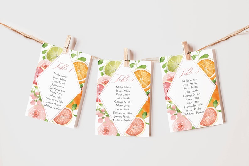 Card Seating Chart Template, Summer Wedding, Citrus Fruit Seating Chart, Wedding Template, Wedding Decor, Citrus Themed Decor Emily image 1