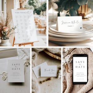May include: A collection of wedding stationery items, including a seating chart, place cards, and save-the-date cards. The seating chart is displayed on an easel. The place card features a name and table number. Save-the-date cards are shown in print and on a smartphone.