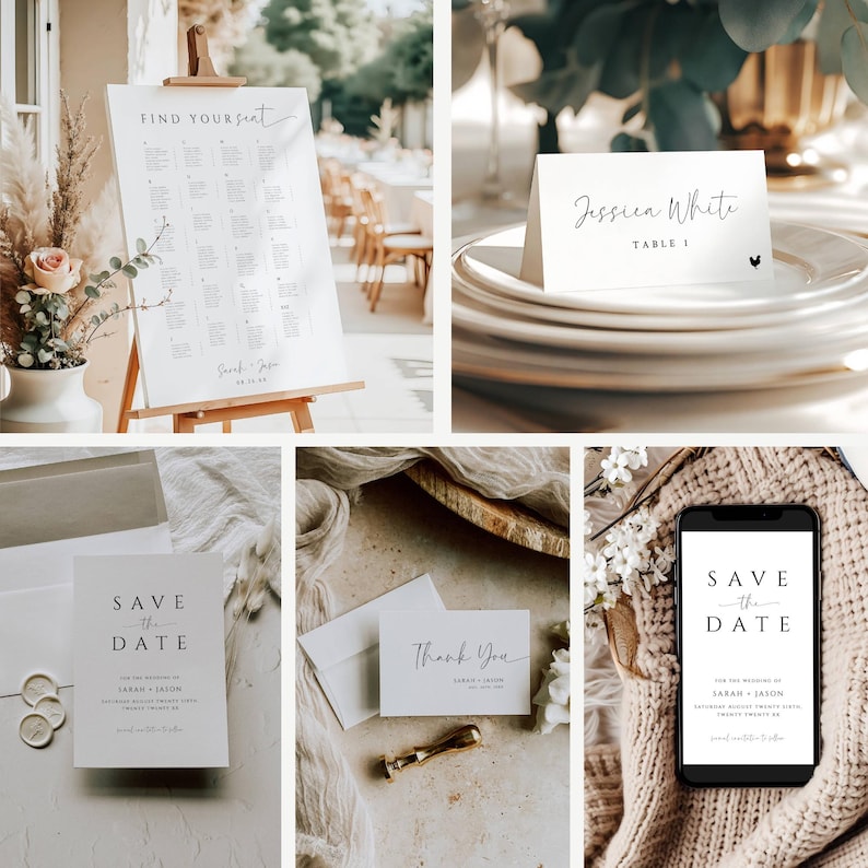 May include: A collection of wedding stationery items, including a seating chart, place cards, and save-the-date cards. The seating chart is displayed on an easel. The place card features a name and table number. Save-the-date cards are shown in print and on a smartphone.