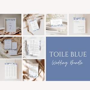 Toile Blue Hochzeits-Bundle, französisches Blau Blumen-Hochzeits-Empfangs-Bundle, Dusty Blue bearbeitbare stationäre Vorlagen, Hochzeitsreihe - SPB1