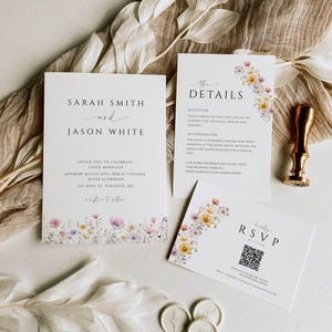 Wildflower Wedding Invitation Suite with QR Code, Floral Wedding Invite Template, Invitation Set, Editable Boho Template, DIY - SPWF1