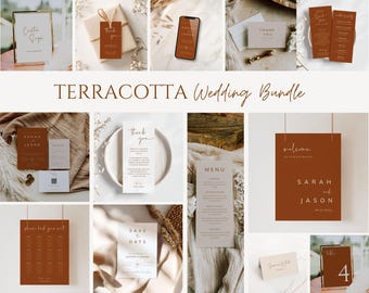 May include: A terracotta wedding bundle with various printable templates, including a save the date card, menu, welcome sign, place cards, and a seating chart. The templates feature a minimalist design with a terracotta color scheme.