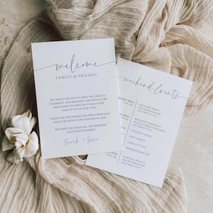 Plantilla de carta de bienvenida y cronograma para bodas, nota minimalista para la bolsa de bienvenida, itinerario de eventos de fin de semana, orden de eventos para los invitados a la boda - SPM3