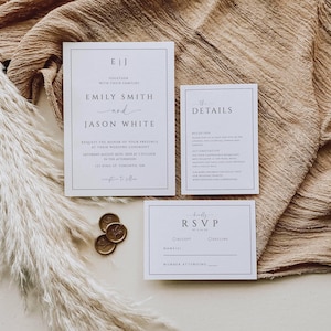 Puede incluir: Elegante juego de invitaciones de boda con invitaci&oacute;n principal, tarjeta de detalles y tarjeta de confirmaci&oacute;n de asistencia. El dise&ntilde;o incluye un dise&ntilde;o minimalista con texto negro sobre tarjetas blancas, sellos de cera dorados y tela neutra.