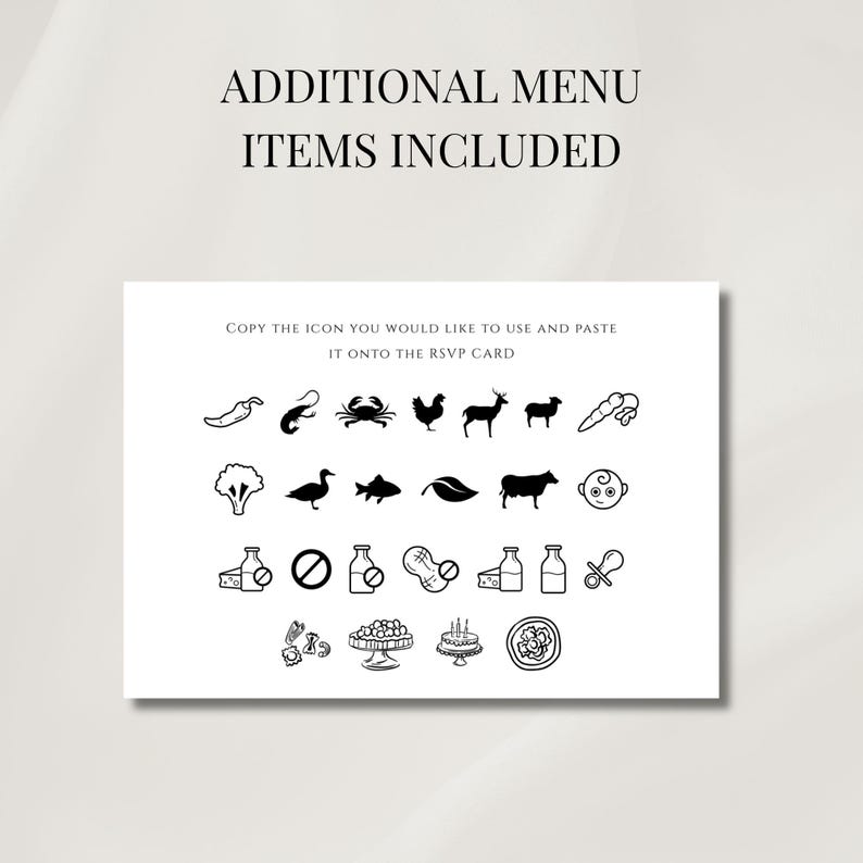 Puede incluir: Una tarjeta blanca con texto negro que dice "ELEMENTOS DE MEN&Uacute; ADICIONALES INCLUIDOS" y "COPIA EL ICONO QUE DESEAS USAR Y PEGA EN LA TARJETA RSVP". Debajo hay iconos en blanco y negro de alimentos y restricciones diet&eacute;ticas.