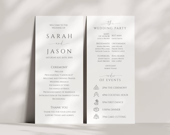 May include: A wedding ceremony program with the names Sarah and Jason, the date August 26th, and a list of events including the ceremony, cocktail hour, first dance, dinner, and cake cutting.