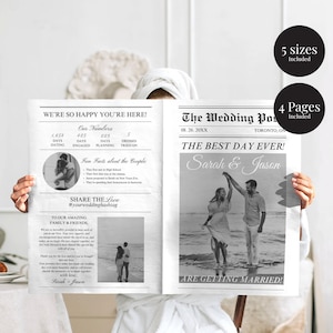 Può includere: Un annuncio di matrimonio in bianco e nero in stile giornale. Il titolo principale è "The Wedding Post" con la data "08. 26. 20XX" e la località "TORONTO, ON". Il sottotitolo è "THE BEST DAY EVER!" con i nomi della coppia "Sarah & Jason". L'annuncio include una foto della coppia sulla spiaggia e il testo "ARE GETTING MARRIED!"