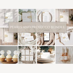 May include: A printable bridal shower bundle with a champagne glass and pearl theme. The bundle includes table numbers, place cards, thank you tags, a welcome sign, a seating chart, and cupcake toppers. The design features a gold champagne glass with pearls and greenery.
