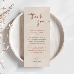 Servilleta de agradecimiento minimalista, plantilla de agradecimiento para mesa bohemia moderna, decoración de mesa para recepción de boda, tarjeta de agradecimiento imprimible, bricolaje -SPT1