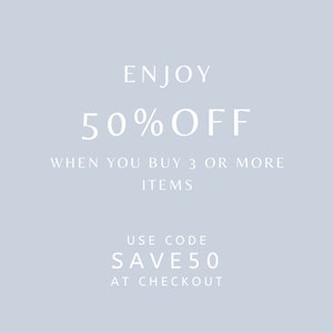 Może przedstawiać: Jasnoniebieskie tło z białym tekstem, kt&oacute;ry brzmi "ENJOY 50% OFF WHEN YOU BUY 3 OR MORE ITEMS USE CODE SAVE50 AT CHECKOUT".