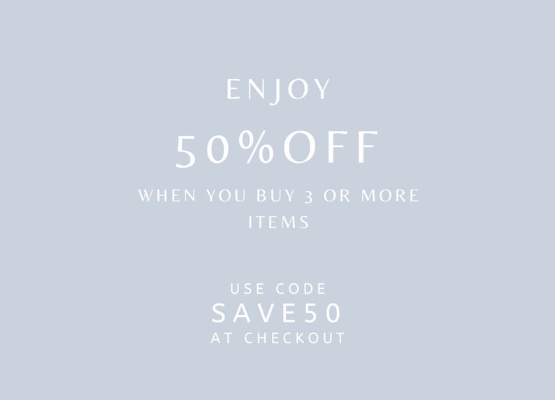 Może przedstawiać: Jasnoniebieskie tło z białym tekstem, kt&oacute;ry brzmi "ENJOY 50% OFF WHEN YOU BUY 3 OR MORE ITEMS USE CODE SAVE50 AT CHECKOUT".