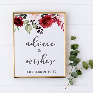 Advice and Wishes For The Bride To Be Sign, Burgundy Floral Bridal Shower Sign, wedding decorations 12G image 3