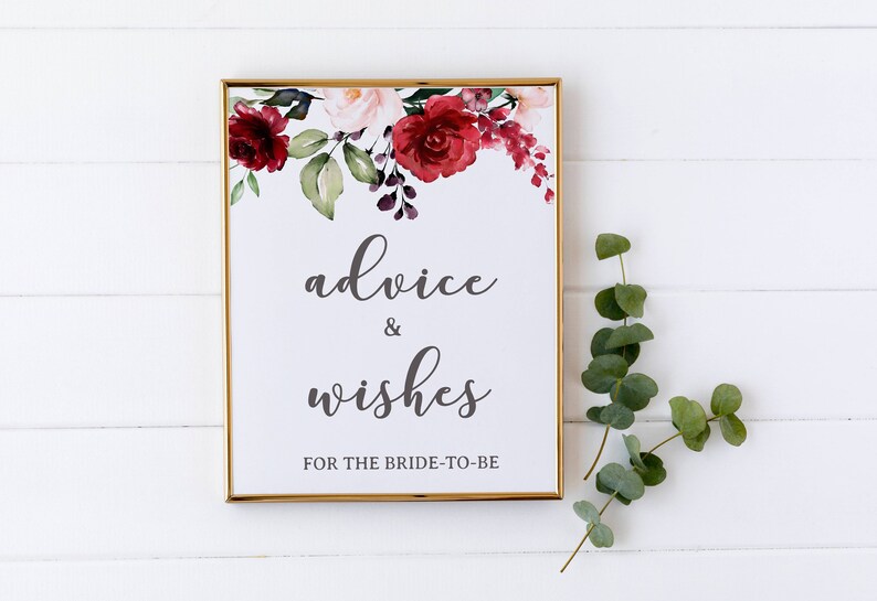Advice and Wishes For The Bride To Be Sign, Burgundy Floral Bridal Shower Sign, wedding decorations 12G image 3