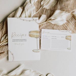 Parels en prosecco-receptkaartsjabloon, bruidsdouche-receptkaart invoegen, keukenreceptverzoek, digitale download, bewerkbare sjabloon