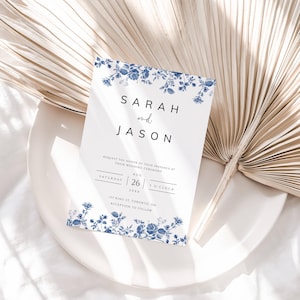 Blue Toile Wedding Invitation Template, Floral Dusty Blue Wedding Invite, French Toile Editable Template, Printable Invite, DIY - SPB1