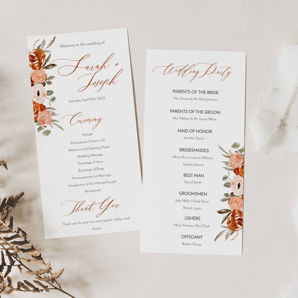 Fall Wedding Program Template, Terracotta Wedding Program, Burnt Orange Program, DIY, Editable Template - OLIVIA