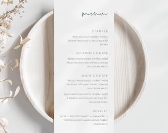 Cartão de menu verde sálvia, modelo de cartão de menu minimalista moderno, menu imprimível bege e verde, modelo editável - SPS1