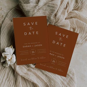 Terrakotta Save The Date Vorlage, Herbst Sparen Sie unser Datum einladen, Rustikale Hochzeit Save The Date Card, Rust Orange druckbare Einladungskarte - SPT1