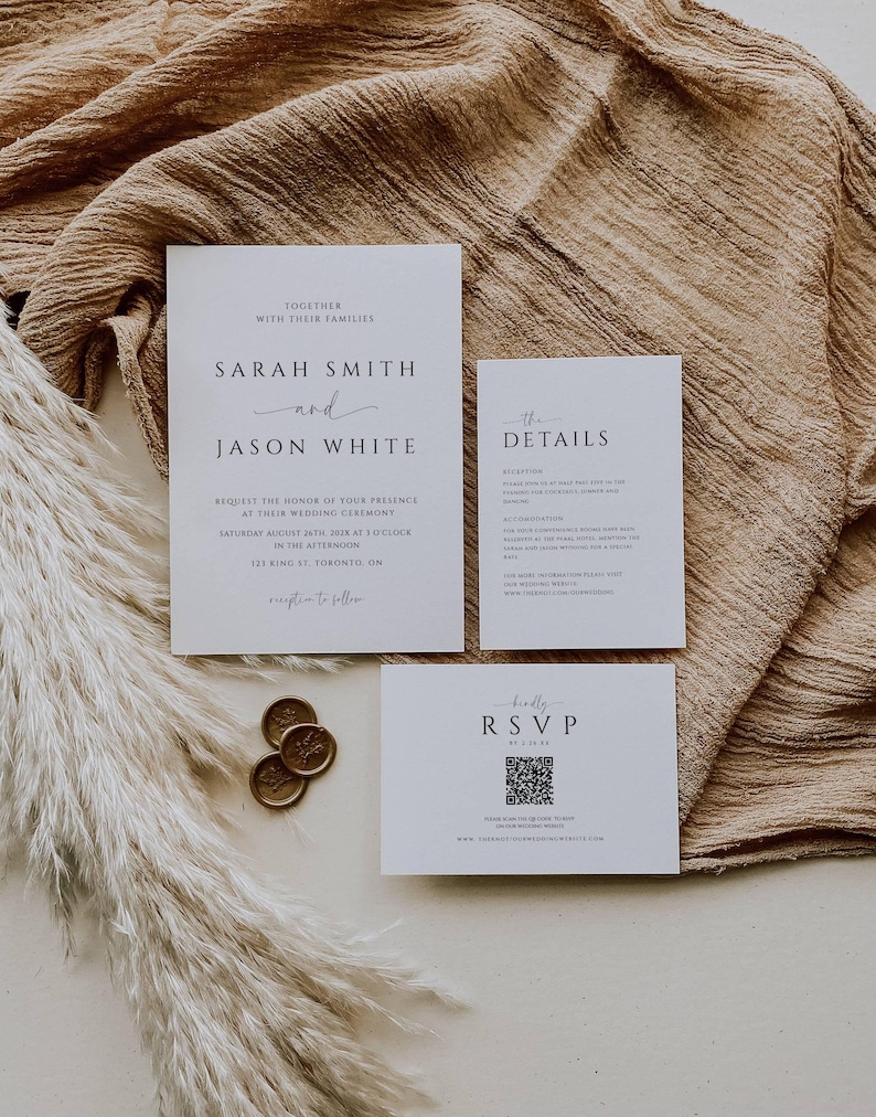 May include: Elegant wedding invitation suite featuring a main invitation, details card, and RSVP card. The main card displays the names "Sarah Smith and Jason White" with event details. Gold wax seals and pampas grass add decorative elements.