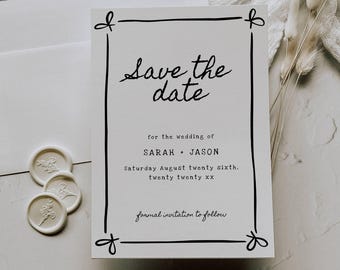 Hand Drawn Wedding Save The Date Template, Whimsical Save Our Date, Coquette Bow Invite, Fun Editable Template, Printable Invite - SPHD1