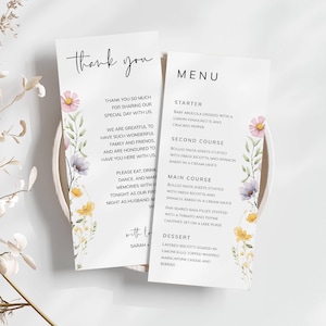 Servilleta de agradecimiento con flores silvestres, plantilla de menú con flores de primavera, decoración de mesa para recepción de bodas, plantilla de agradecimiento imprimible - LAURA