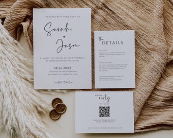 Minimalist Wedding Invitation Suite with QR Code, Modern Wedding Invite Template, Printable Wedding Stationary Set, Editable Template - SPM1