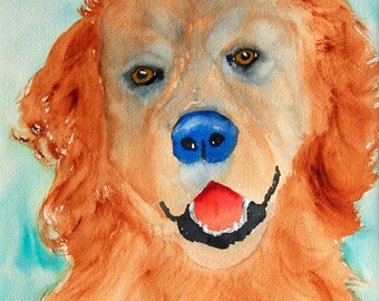 Può includere: Dipinto ad acquerello di un cane Golden Retriever. Il cane ha il pelo arancione, un naso blu e una lingua rossa. Lo sfondo è di colore azzurro. Il cane sorride a bocca aperta.