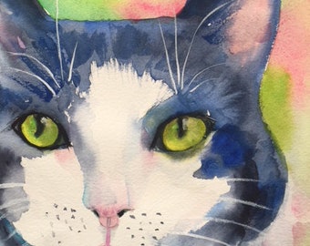 Black and White Cat Watercolor