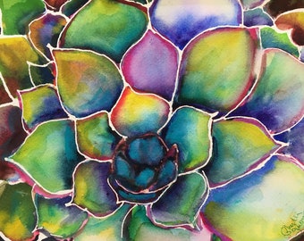 Puede incluir: Pintura acuarela de una planta suculenta con pétalos verdes, azules, morados y amarillos. Los pétalos están delineados en blanco y el centro de la flor es azul oscuro.