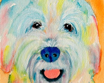 Può includere: Dipinto ad acquerello del volto di un cane con un'espressione allegra. Il cane ha un naso blu, occhi neri e una lingua rosa. Il pelo è dipinto in tonalità di blu, giallo, rosa e verde. Lo sfondo è arancione e la firma dell'artista è in basso a destra.